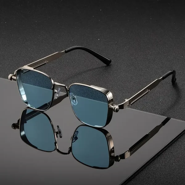 Unique Steampunk-Inspired Rectangular Sunglasses with Industrial Spring Hinges: A Bold Fusion of Retro-Futuristic Style.