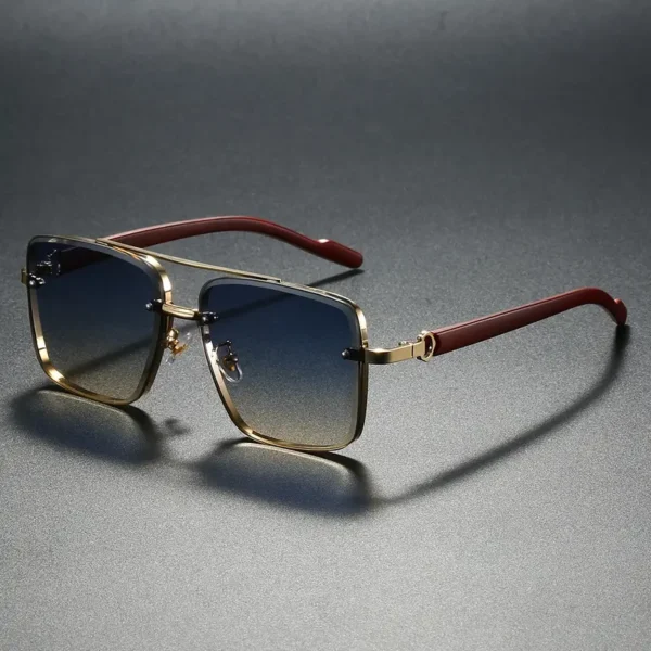 Luxurious Gradient Lens Square Sunglasses with Gold Frame and Rich Red Wood-Grain Temples: Elegant Style & UV Protection.