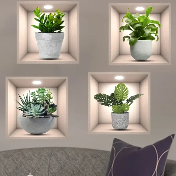 Modern Wall Decor Cubbies with Faux Plants and Built-in Downlights